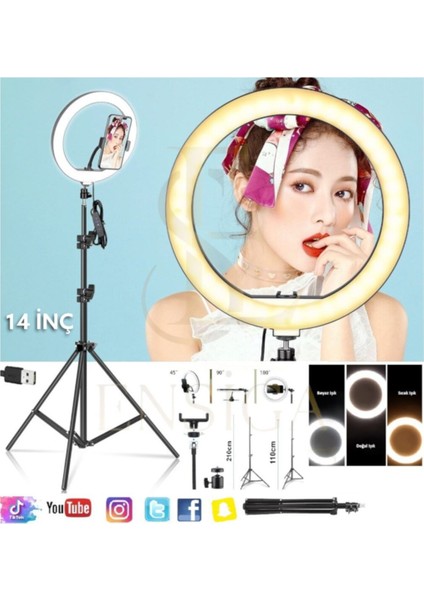 Ensiga Ring Light Youtuber Makyaj Selfie Işığı 14 Inç Kuaför Make Up LED +2.1mt Tripod