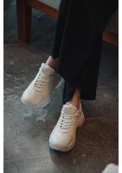 Kadın Sneaker Kalın Taban Bağcıklı Spor Ayakkabı Pizen Beyaz