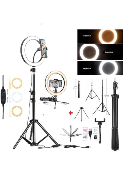 Ring Light Youtuber Tiktok Çekim Telefon Tutucu Makyaj Işığı 10 Inç +2.1 mt Tripod+ Masa Ayaklı