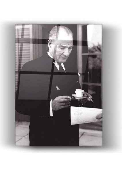 Gazi Mustafa Kemal Atatürk Siyah-Beyaz Cam Tablo- Ev ve Ofis Dekorasyonu-Hediyelik-Dekoratif-Modern-Atatürk