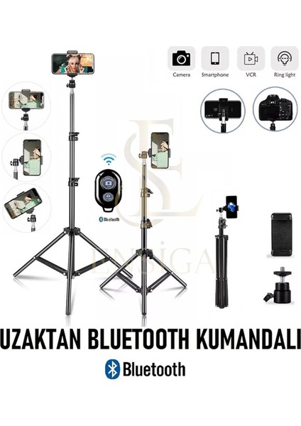 Bluetooth Kumandalı Tripod 2.1 mt 360 Döner Başlıklı Telefon Tutucu Ring Light Stüdyo Lamba Ayağı