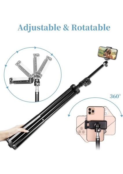 Bluetooth Kumandalı Tripod 2.1 mt 360 Döner Başlıklı Telefon Tutucu Ring Light Stüdyo Lamba Ayağı