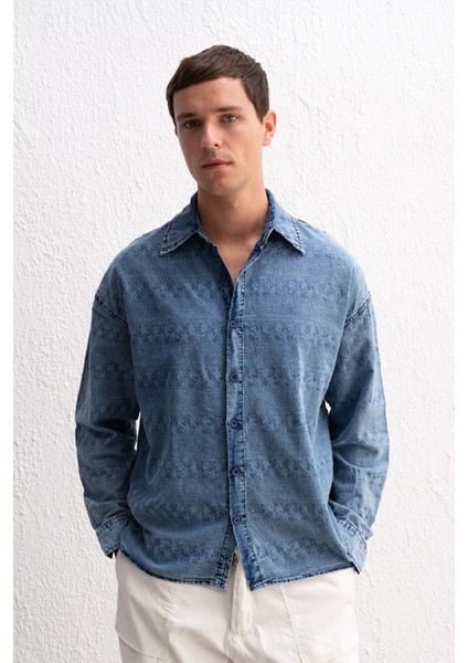 Desenli Jaquard Denim Açık Mavi Gömlek