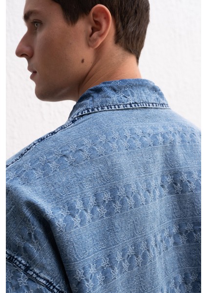 Desenli Jaquard Denim Açık Mavi Gömlek