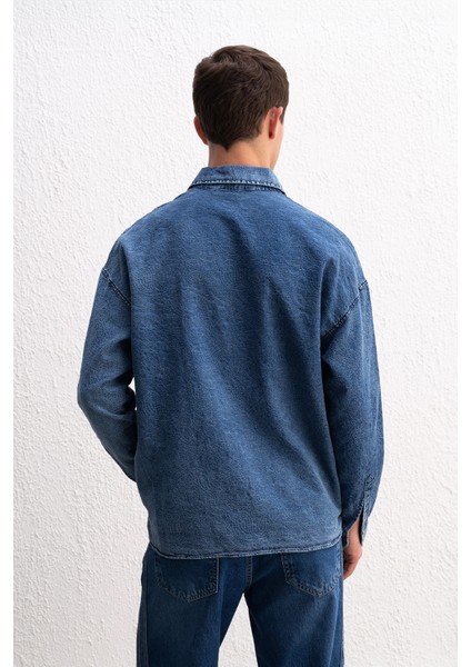 Desenli Jaquard Denim Koyu Mavi Gömlek