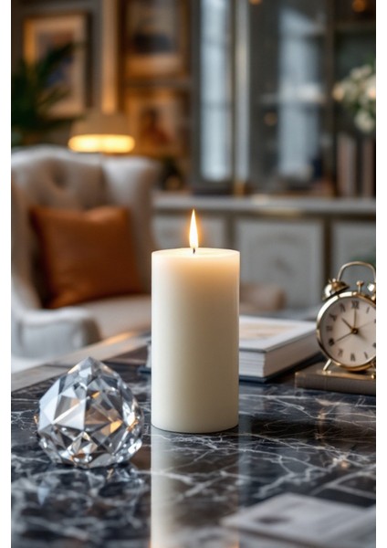 El Işçiliği Hand Made Kütük Silindir Mum Krem Renk 5 cm Genişlik 25 cm Uzunluk Kahve Aroması Kokulu