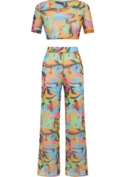 Sırt Dekolte Suluboya Desen Crop Top- Pantolon Takım