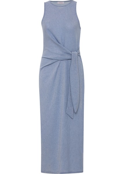 Bağlamalı Yırtmaçlı Lurex Bebe Mavi Uzun Elbise