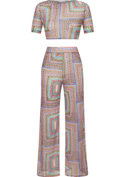 Sırt Dekolteli Renkli Triko Crop Top-Pantolon Takım