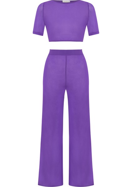 Sırt Dekolte Mor Crop Top-Pantolon Takım