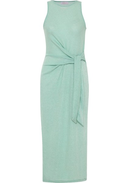 Bağlamalı Yırtmaçlı Lurex Su Yeşili Uzun Elbise