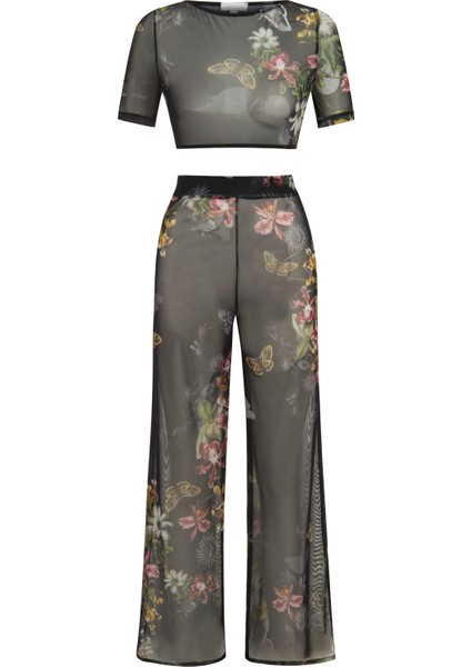 Sırt Dekolteli Yeşil Desenli Crop Top-Pantolon Takım