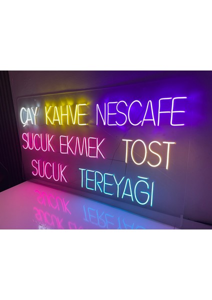 Neon LED Dekoratif Aydınlatma -Çay Kahve Nescafe Sucuk Ekmek Tost Tereyeağı, 130X70CM-