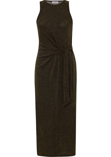 Bağlamalı Yırtmaçlı Lurex Haki Uzun Elbise