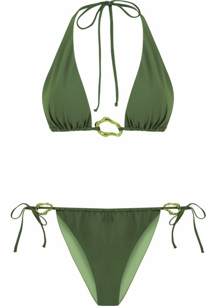 Aksesuarlı Haki Uzun Üçgen Bikini Takım