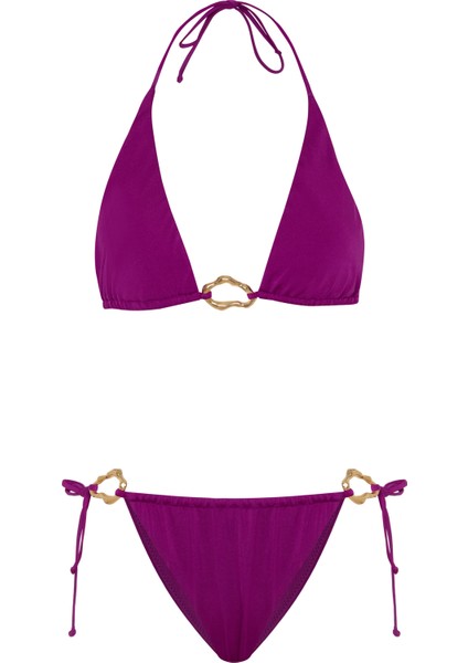 Aksesuarlı Mor Uzun Üçgen Bikini Takım