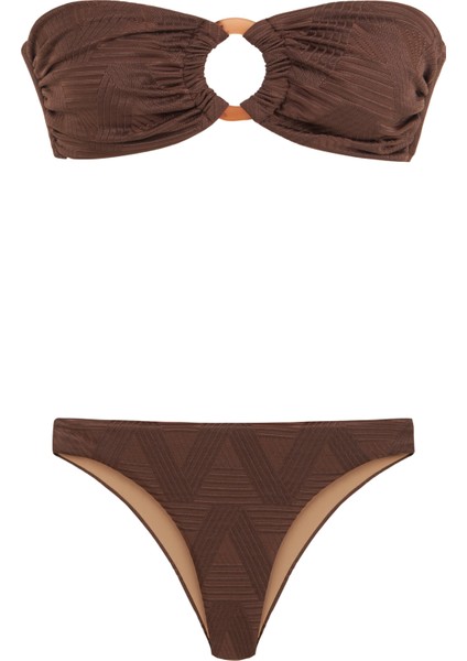 Aksesuarlı Dokulu Kahverengi Straplez Bikini Takım