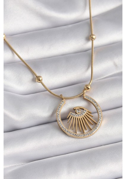 316L Çelik Gold Renk Zirkon Taşlı Göz Model Kadın Kolye - Lisinya