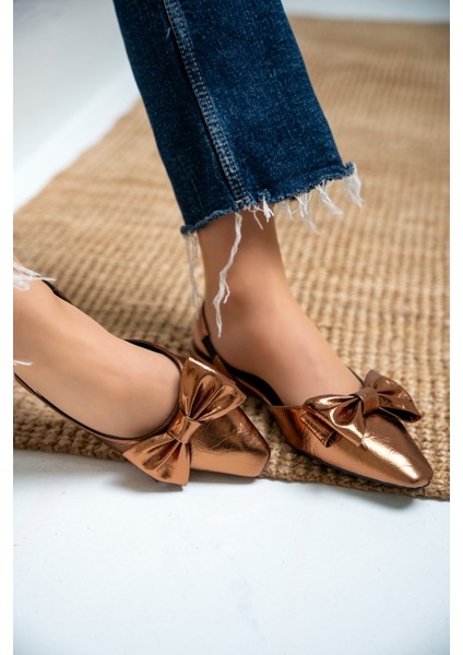 Heju Bakır Deri Fiyonk Detaylı Düz Topuklu Kadın Babet modelleri