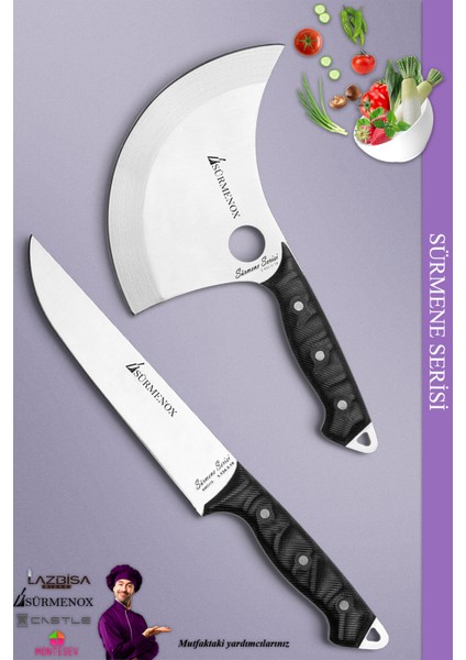 Sürmene Serisi Mutfak Bıçak Seti Et Ekmek Sebze Börek Pizza Şef Bıçağı 2'li Set Siyah ( MFT-014 )