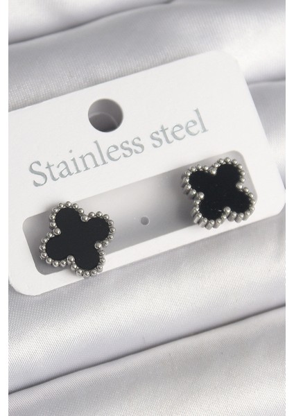 316L Çelik Gümüş Renk Siyah Yonca Model Kadın Küpe - Lisinya