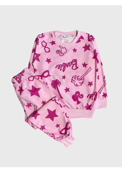 Kız Çocuk Pamuklu Pembe Yıldız Palmiye Ağaç Desenli Uzun Kollu Mevsimlik Pijama Takımı