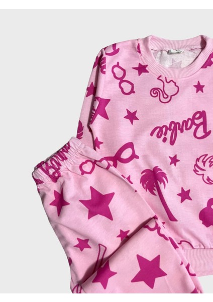 Kız Çocuk Pamuklu Pembe Yıldız Palmiye Ağaç Desenli Uzun Kollu Mevsimlik Pijama Takımı