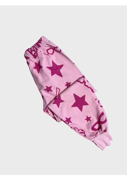 Kız Çocuk Pamuklu Pembe Yıldız Palmiye Ağaç Desenli Uzun Kollu Mevsimlik Pijama Takımı