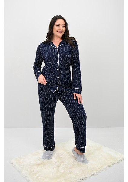 Kadın Büyük Beden Uzun Kollu Önden Düğmeli Pijama Takımı 4234-25