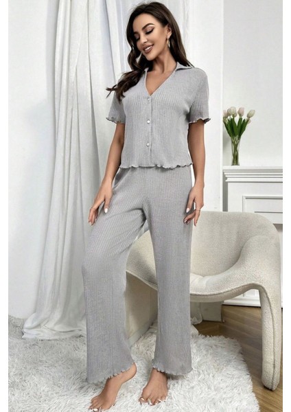 V Yaka Pamuklu Kısa Kollu Mevsimlik Pijama Takımı