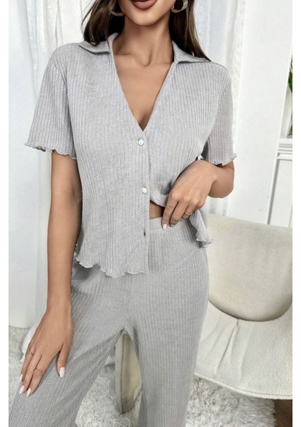 V Yaka Pamuklu Kısa Kollu Mevsimlik Pijama Takımı