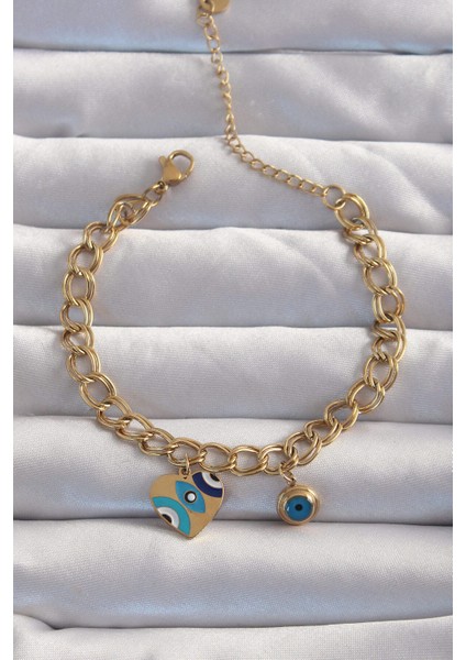 316L Çelik Gold Renk Nazarlı Kalp Model Zincir Bileklik - Lisinya