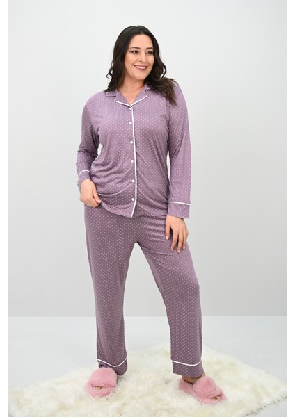 Kadın Büyük Beden Uzun Kollu Önden Düğmeli Pijama Takımı 4234-25 modelleri