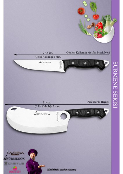Sürmene Serisi Mutfak Bıçak Seti Et Ekmek Sebze Börek Pide Pizza Şef Bıçağı 2'li Set Siyah (MFT-016)