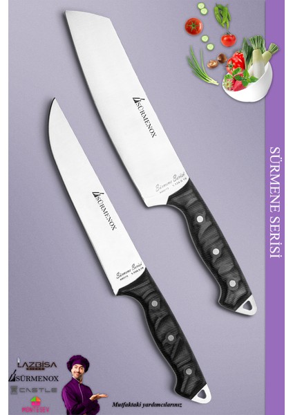 Sürmene Serisi Mutfak Santoku Şef Bıçak Seti Et Ekmek Sebze Şef Bıçağı 2'li Set Siyah (MFT-018)