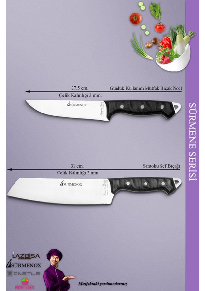 Sürmene Serisi Mutfak Santoku Şef Bıçak Seti Et Ekmek Sebze Şef Bıçağı 2'li Set Siyah (MFT-018)