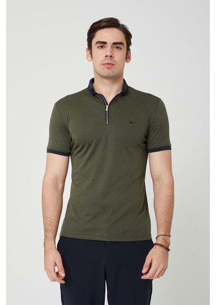 Erkek Fermuarlı Haki Yakalı Tshirt