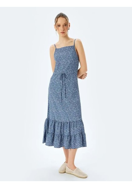 Ip Askılı Çiçek Desenli Volanlı Beli Bağcıklı Midi Elbise 5SAL80072IK - Koton - Mavi Desenli - Xs