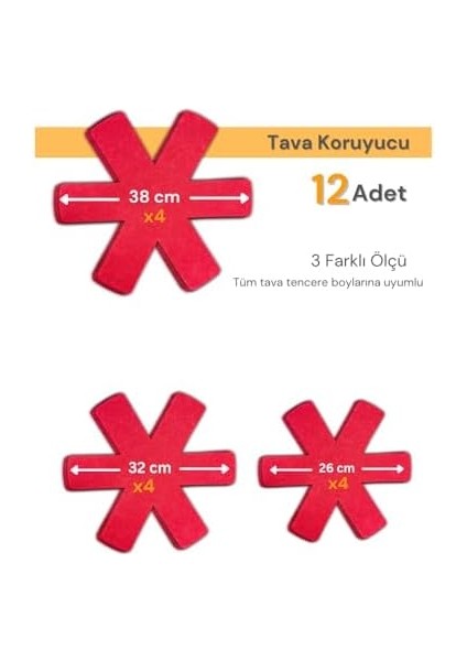 12 Li Set Tencere Tava Koruyucu Borcam Çizdirmez Keçe Düzenleyici Kırmızı
