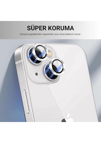 Apple iPhone 15 6.1 Inc 15 Plus 6.7 Kamera Koruma Lensi Alüminyum Çerçeveli Safir 9h Cam Apple iPhone 15-15 Plus Gümüş