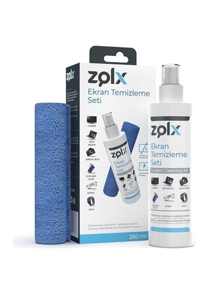 Ekran Temizleme Seti 250ML + Temizleme Bezi Lcd, Led, Ekran, Laptop, Tablet, Bilgisayar, Televizyon, Cep Telefonu, Gözlük, Kamera, Koruyucu ve Parlatıcı Doğal Temizleme