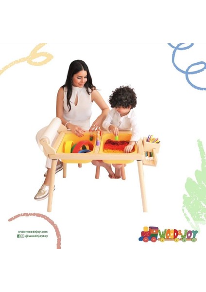 Woodnjoy Doğal Ahşap Duyusal Çocuk Aktivite Masası Oyun Masası ve Çocuk Çalışma Masası 1 Sandalye Seti(Rulo Aparalı ve Kırtasiye İstasyonlu) fiyatları