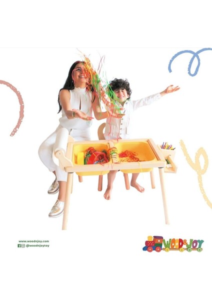 Woodnjoy Doğal Ahşap Duyusal Çocuk Aktivite Masası Oyun Masası ve Çocuk Çalışma Masası 1 Sandalye Seti(Rulo Aparalı ve Kırtasiye İstasyonlu) modelleri