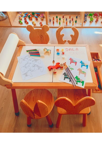 Woodnjoy Doğal Ahşap Duyusal Çocuk Aktivite Masası Oyun Masası ve Çocuk Çalışma Masası 1 Sandalye Seti(Rulo Aparalı ve Kırtasiye İstasyonlu) fırsatları