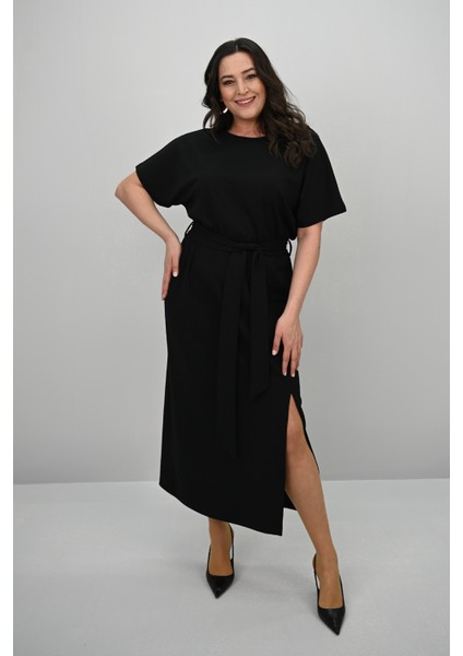 Kadın Büyük Beden Kısa Kollu Kuşaklı Elbise 5297-25