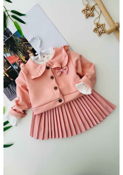 Fırfırlı Yaka Düğmeli Ceket, Gömlek ve Pileli Etek 3 Lü Kız Çocuk Takımı - Gül Kurusu