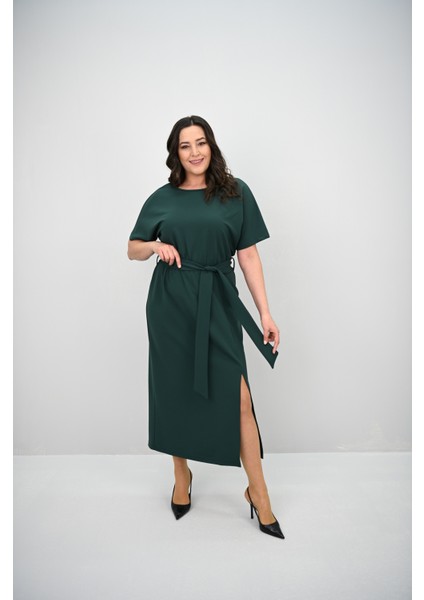 Kadın Büyük Beden Kısa Kollu Kuşaklı Elbise 5297-25 fiyatları