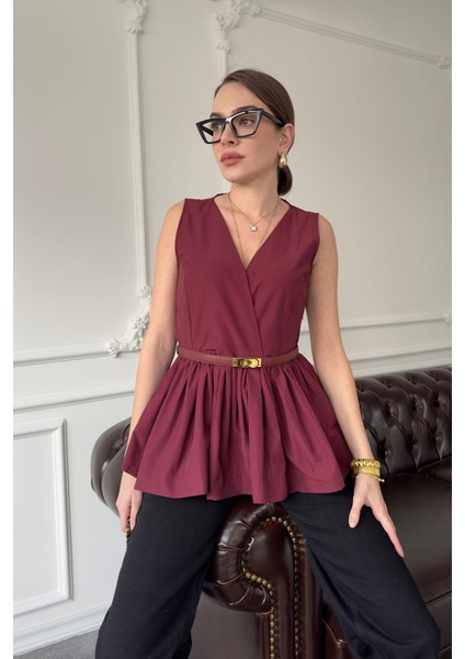 Sıfır Kol Fırfırlı Marka Bluz- Bordo