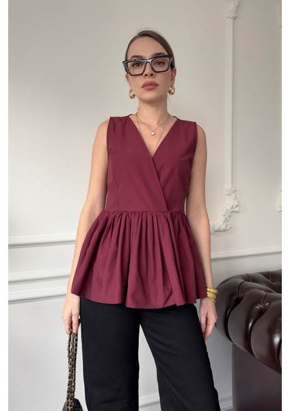 Sıfır Kol Fırfırlı Marka Bluz- Bordo modelleri