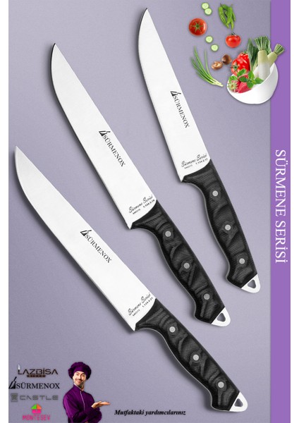 Sürmene Serisi Mutfak Bıçak Seti Et Ekmek Tavuk Sebze Salata Bıçağı 3'lü Set Siyah ( MFT-020 )